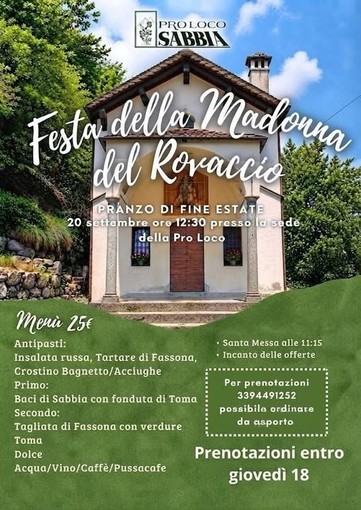 Sabbia, domenica la Festa della Madonna del Roncaccio con Messa e pranzo di fine estate Sabbia, domenica la Festa della Madonna del Roncaccio con Messa e pranzo di fine estate