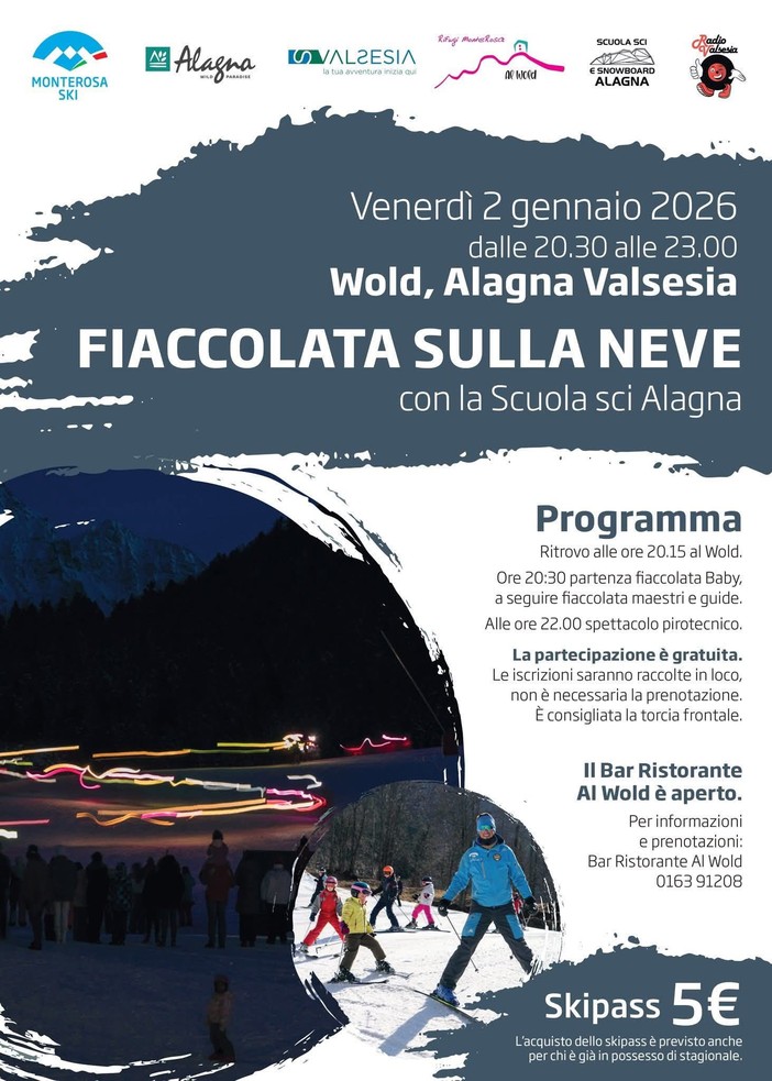 Alagna Valsesia, fiaccolata sulla neve al Wold con la Scuola sci: in programma anche uno spettacolo pirotecnico