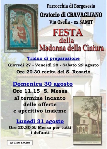 Borgosesia, a Cravagliano torna la Festa della Madonna della Cintura Borgosesia, a Cravagliano torna la Festa della Madonna della Cintura