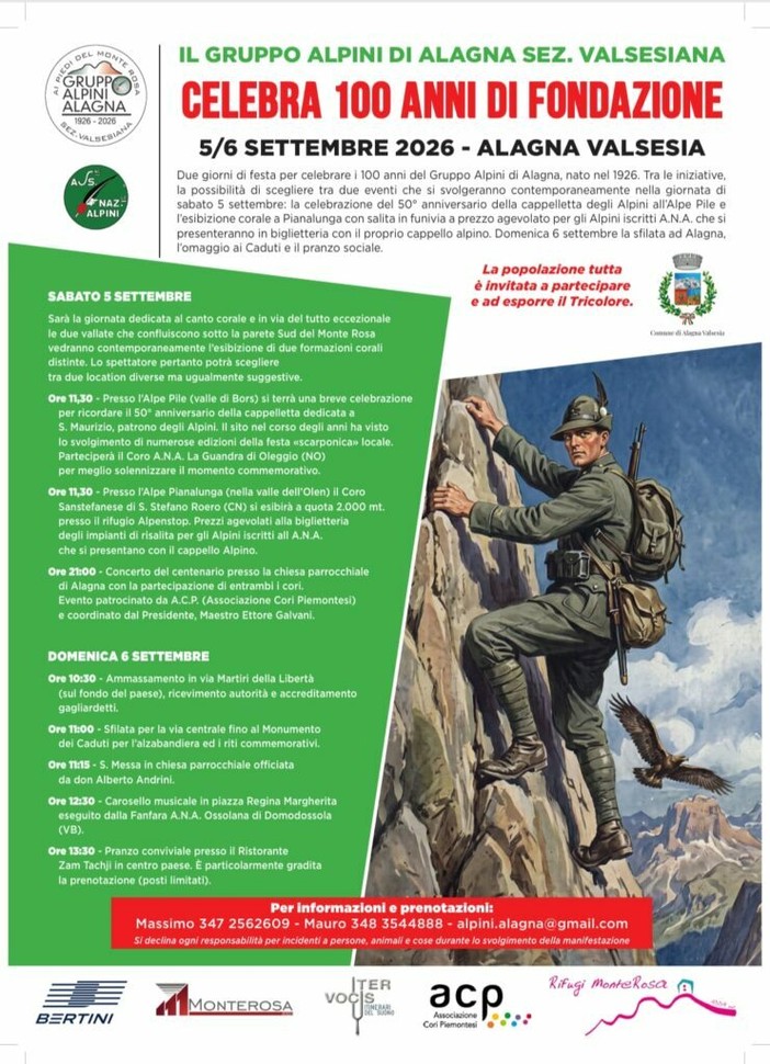 Alagna, il Gruppo Alpini celebra 100 anni di fondazione Alagna, il Gruppo Alpini celebra 100 anni di fondazione