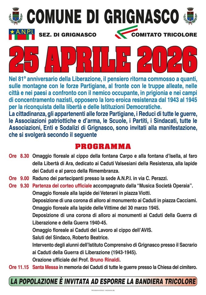 A Grignasco il 25 Aprile tra corteo, omaggi ai caduti e orazione ufficiale di Bruno Rinaldi