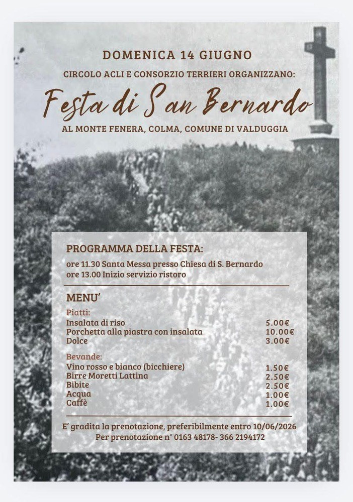 Festa di San Bernardo al Monte Fenera, appuntamento domenica 14 giugno Festa di San Bernardo al Monte Fenera, appuntamento domenica 14 giugno