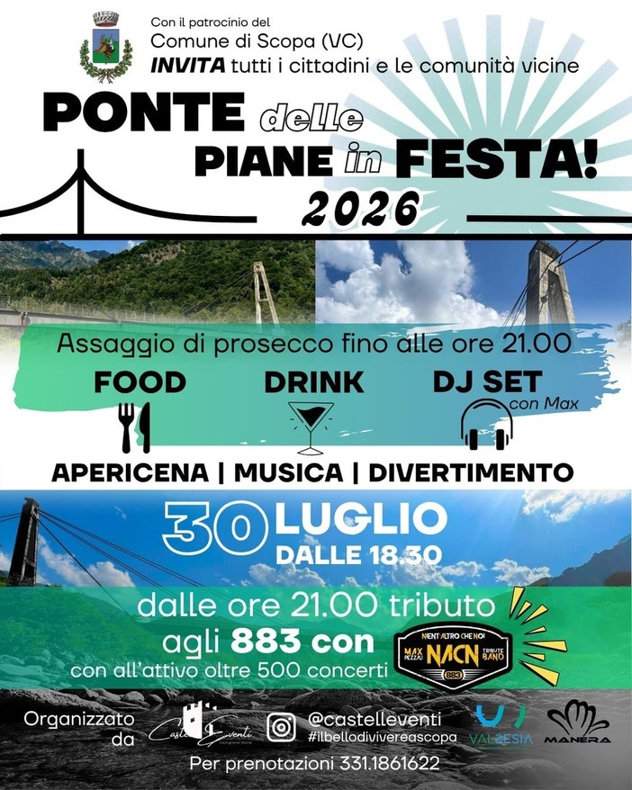 Scopa, domani il Ponte delle Piane in festa con apericena, dj set e tributo agli 883