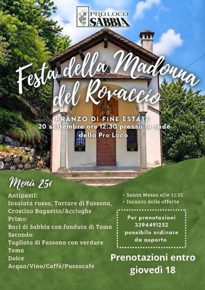 Sabbia, domenica la Festa della Madonna del Roncaccio con Messa e pranzo di fine estate Sabbia, domenica la Festa della Madonna del Roncaccio con Messa e pranzo di fine estate