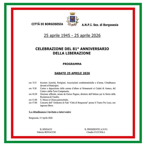 Borgosesia celebra il 25 Aprile: corteo, orazione ufficiale, messa e concerto per l’81° anniversario della Liberazione