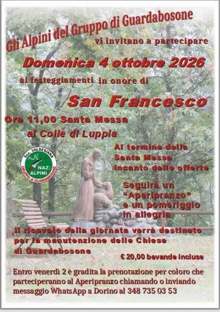 Guardabosone, il 4 ottobre festa di San Francesco con gli Alpini