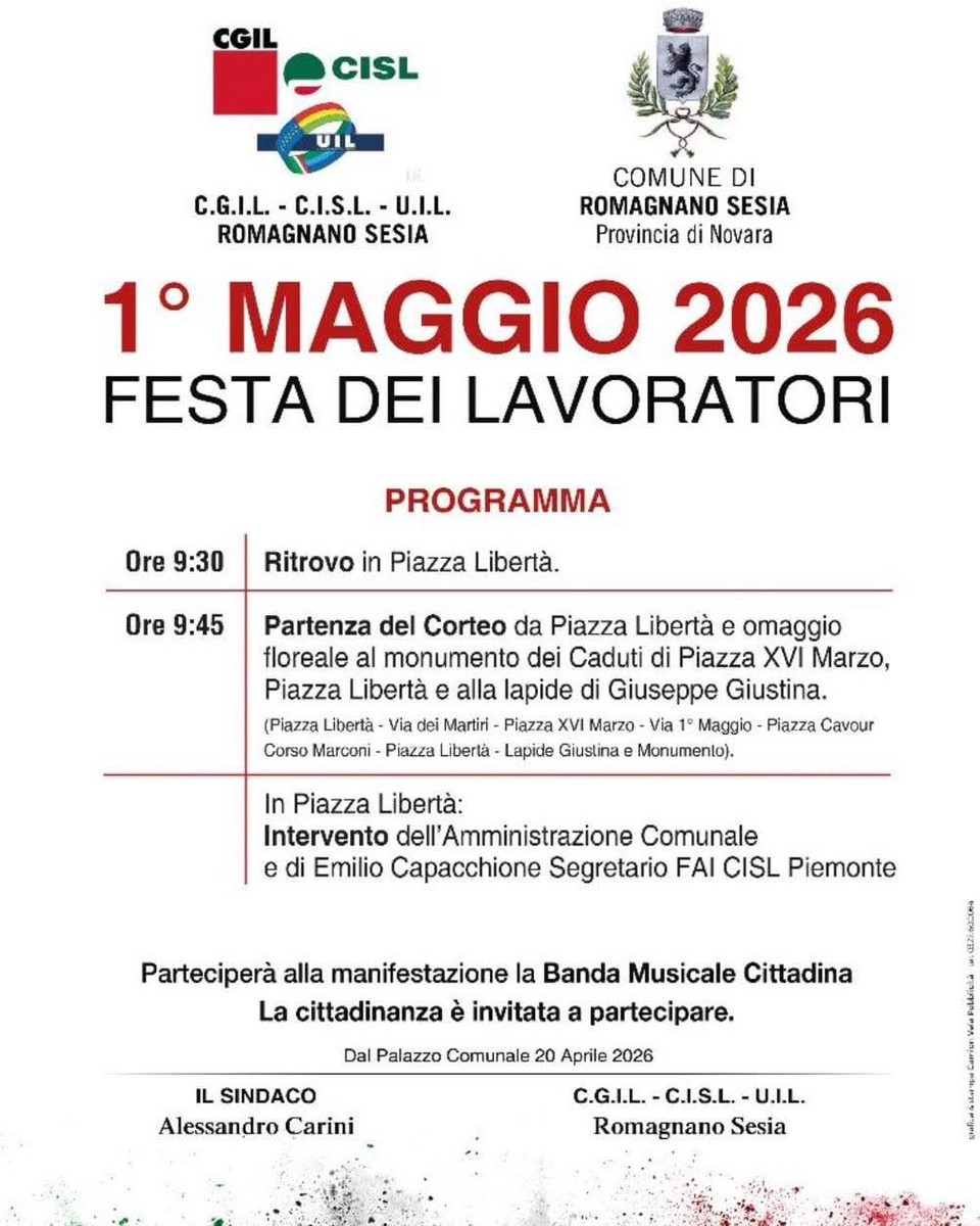 Romagnano Sesia celebra il 1° Maggio con corteo e omaggi ai Caduti