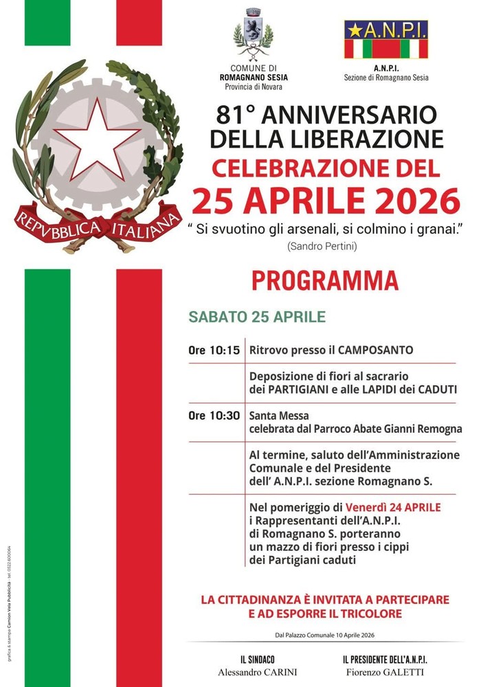 Romagnano Sesia celebra il 25 Aprile: cerimonia al camposanto, messa e omaggio ai Partigiani caduti