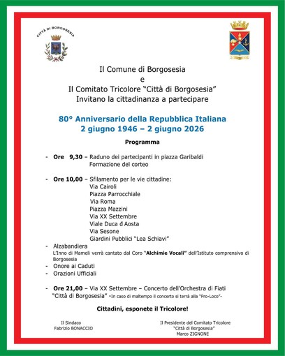 Borgosesia celebra l’80° anniversario della Repubblica Italiana