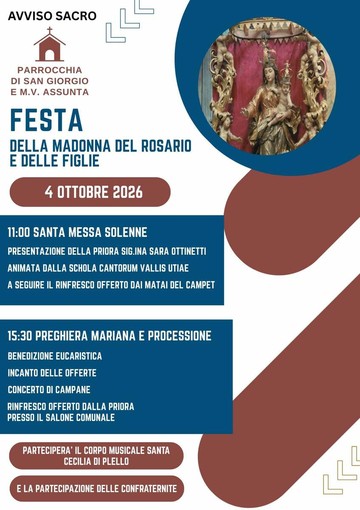 Valduggia, il 4 ottobre la Festa della Madonna del Rosario e delle Figlie Valduggia, il 4 ottobre la Festa della Madonna del Rosario e delle Figlie