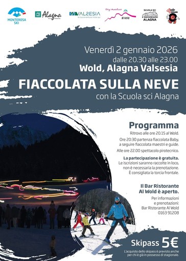 Alagna Valsesia, fiaccolata sulla neve al Wold con la Scuola sci: in programma anche uno spettacolo pirotecnico