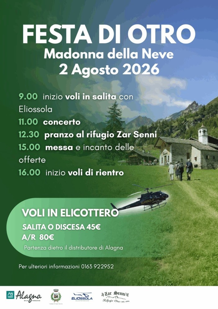 Alagna, domenica la Festa di Otro con voli in elicottero, concerto e Messa