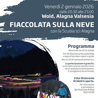 Alagna Valsesia, fiaccolata sulla neve al Wold con la Scuola sci: in programma anche uno spettacolo pirotecnico