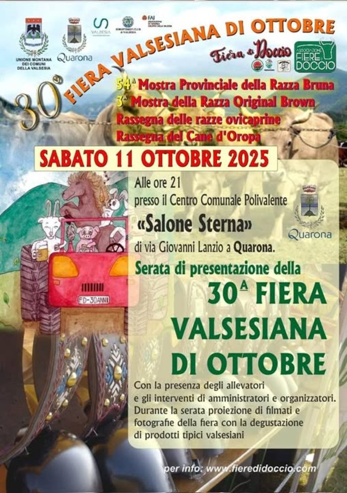 Quarona si prepara alla 30ª Fiera Valsesiana di Ottobre: sabato la serata di presentazione al Salone Sterna Quarona si prepara alla 30ª Fiera Valsesiana di Ottobre: sabato la serata di presentazione al Salone Sterna