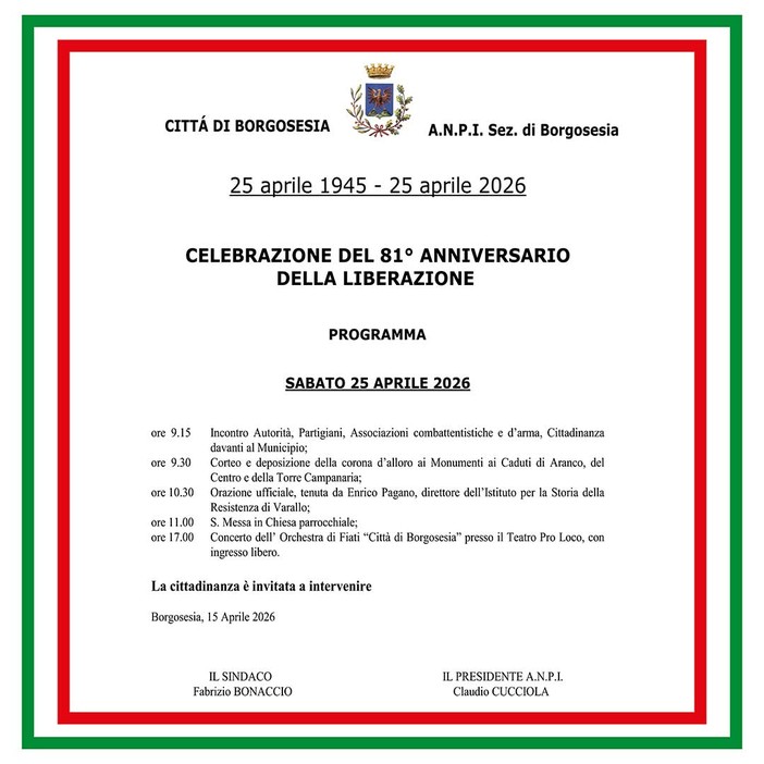 Borgosesia celebra il 25 Aprile: corteo, orazione ufficiale, messa e concerto per l’81° anniversario della Liberazione