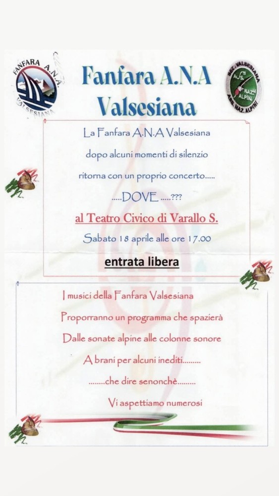 La Fanfara A.N.A. Valsesiana torna a Varallo con un concerto al Teatro Civico