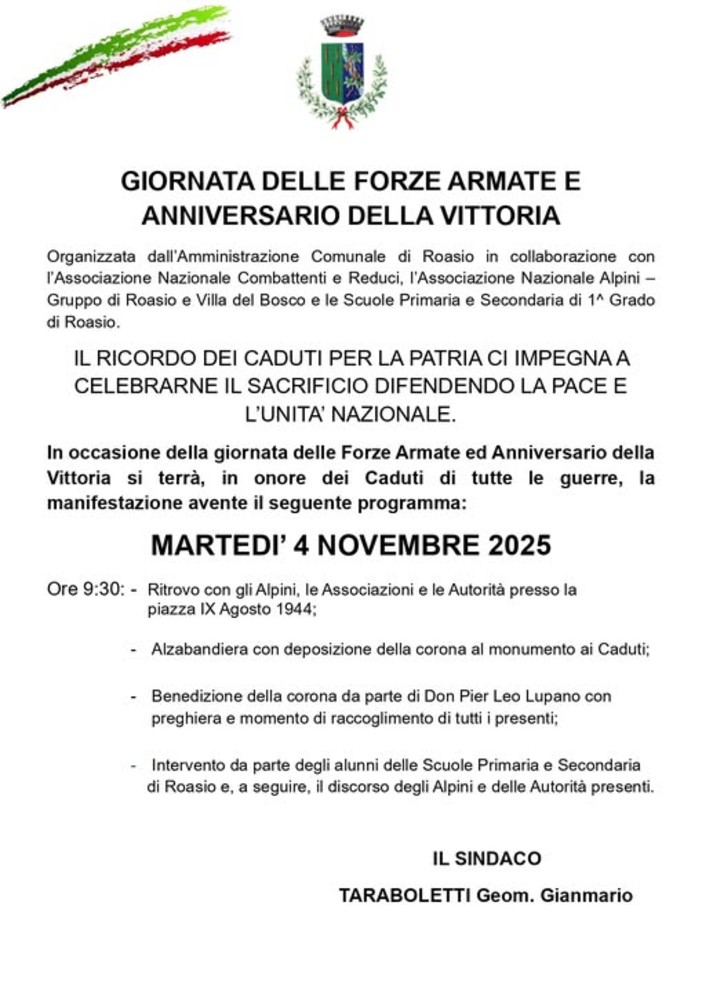 Roasio celebra la Giornata delle Forze Armate e l’Anniversario della Vittoria Roasio celebra la Giornata delle Forze Armate e l’Anniversario della Vittoria