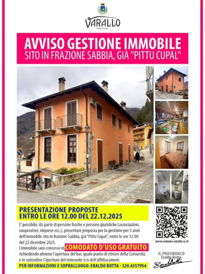Varallo, aperta la selezione per la gestione dell’immobile di Frazione Sabbia: proposte entro il 22 dicembre