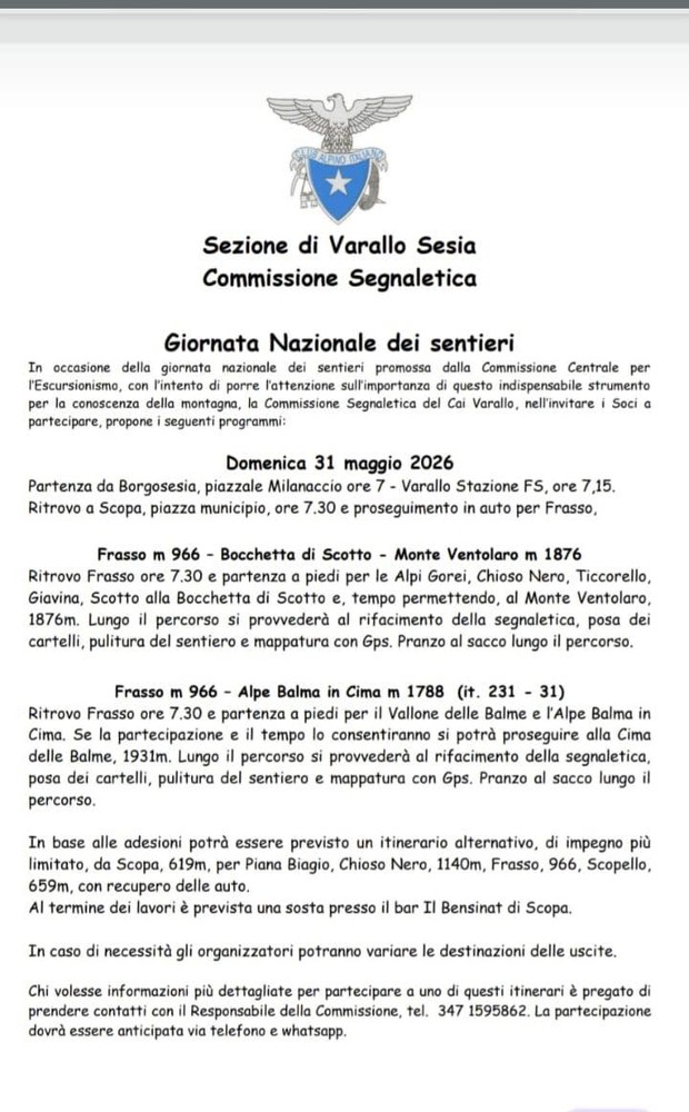 Giornata Nazionale dei Sentieri, il CAI Varallo propone due itinerari in alta Valsesia