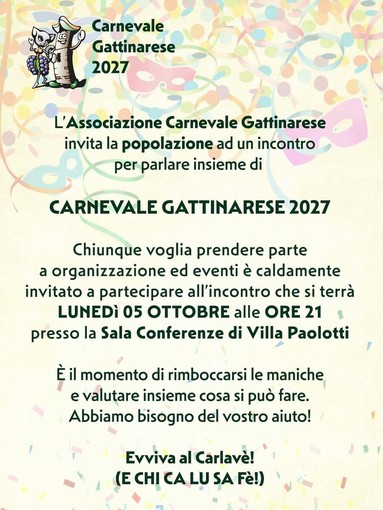 Carnevale Gattinarese 2027, questa sera un incontro aperto alla popolazione Carnevale Gattinarese 2027, questa sera un incontro aperto alla popolazione