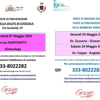 Maggio della prevenzione: visite specialistiche a Varallo e Coggiola con l’associazione Igea