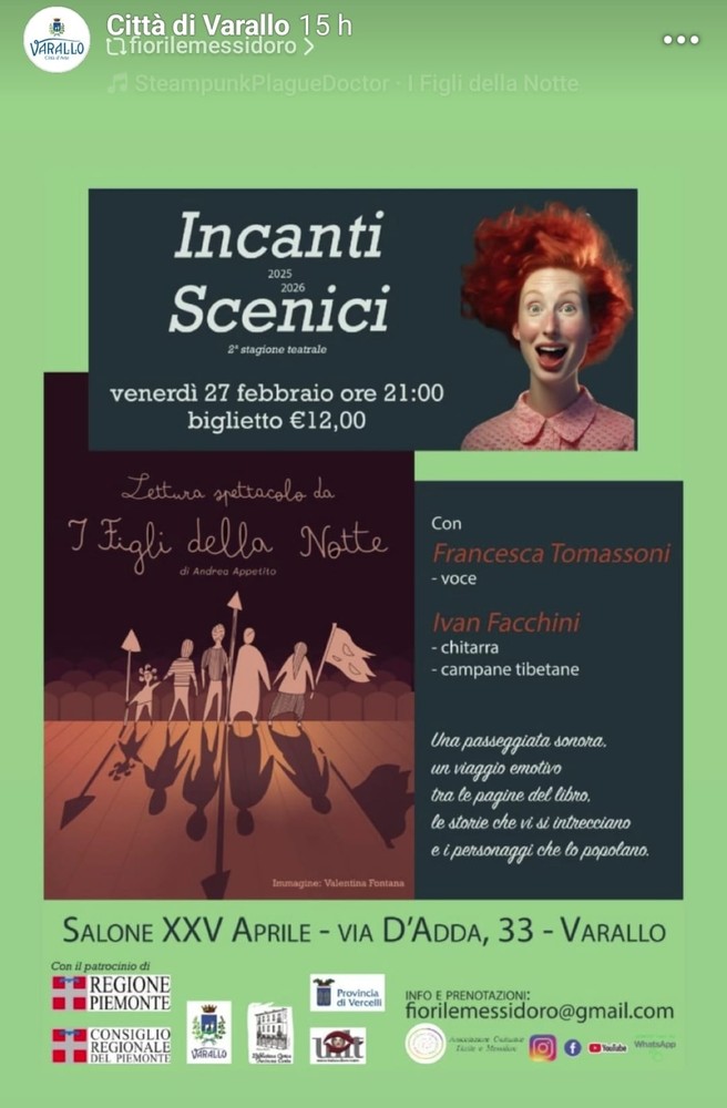 Varallo, “Incanti scenici” porta in sala “I Figli della Notte”: lettura-spettacolo tra voce, chitarra e campane tibetane