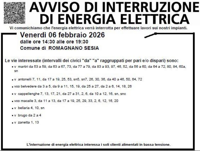 Romagnano Sesia, lavori sugli impianti: interruzione dell’energia elettrica in alcune vie