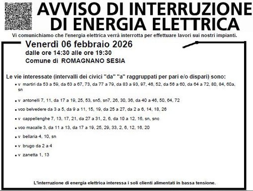Romagnano Sesia, lavori sugli impianti: interruzione dell’energia elettrica in alcune vie