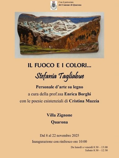 Quarona, l’arte prende vita nel legno: sabato 8 novembre l’inaugurazione della mostra “Il fuoco e i colori” di Stefania Tagliabue