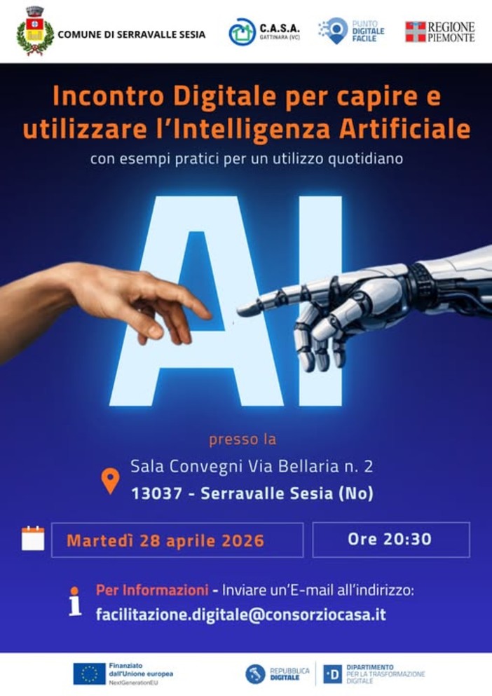 A Serravalle Sesia una serata per capire l’Intelligenza artificiale: incontro pratico il 28 aprile