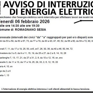 Romagnano Sesia, lavori sugli impianti: interruzione dell’energia elettrica in alcune vie