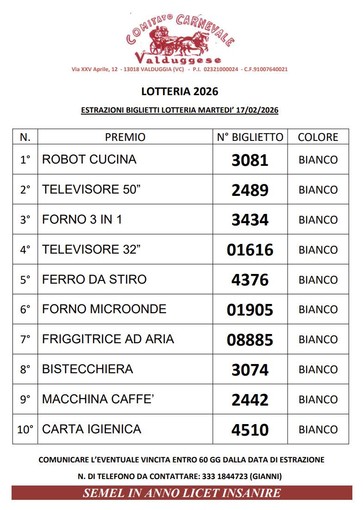 Valduggia, ecco i biglietti vincenti della Lotteria 2026 del Comitato Carnevale Valduggese Valduggia, ecco i biglietti vincenti della Lotteria 2026 del Comitato Carnevale Valduggese