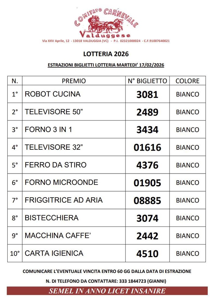 Valduggia, ecco i biglietti vincenti della Lotteria 2026 del Comitato Carnevale Valduggese