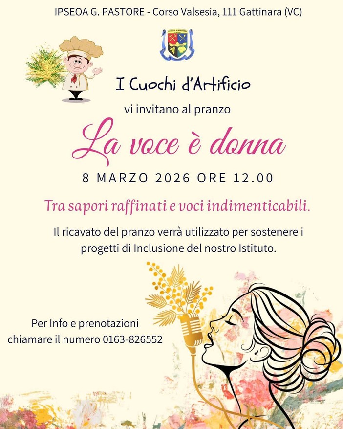 A Gattinara il pranzo “La voce è donna” con I Cuochi d’Artificio: il ricavato sosterrà i progetti di inclusione dell’Istituto
