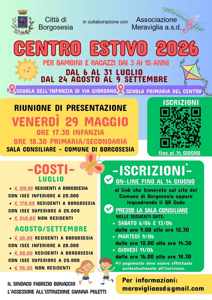 Borgosesia, centro estivo 2026 per bambini e ragazzi dai 3 ai 15 anni Borgosesia, centro estivo 2026 per bambini e ragazzi dai 3 ai 15 anni
