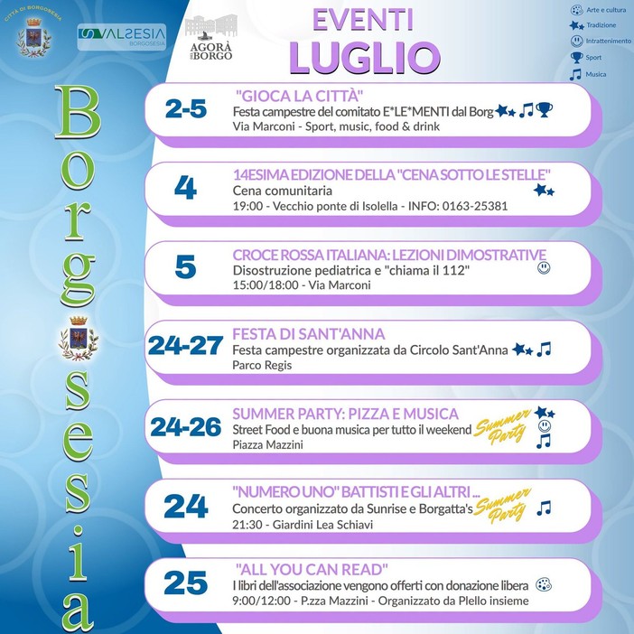 Luglio a Borgosesia tra feste, musica, sport e appuntamenti per tutte le età Luglio a Borgosesia tra feste, musica, sport e appuntamenti per tutte le età
