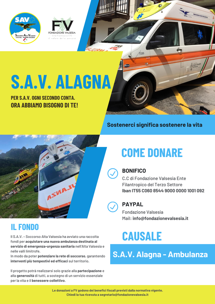 Alagna, al via la raccolta fondi per una nuova ambulanza del S.A.V.: “Un servizio vitale per l’alta valle” Alagna, al via la raccolta fondi per una nuova ambulanza del S.A.V.: “Un servizio vitale per l’alta valle”