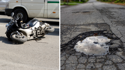Valle Mosso, centra una grande buca e cade in moto Valle Mosso, centra una grande buca e cade in moto