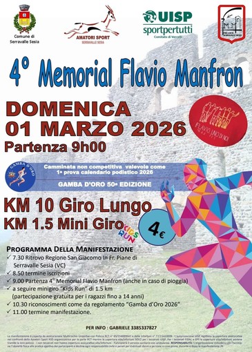 Serravalle Sesia corre nel ricordo di Flavio Manfron: il 1° marzo torna il Memorial
