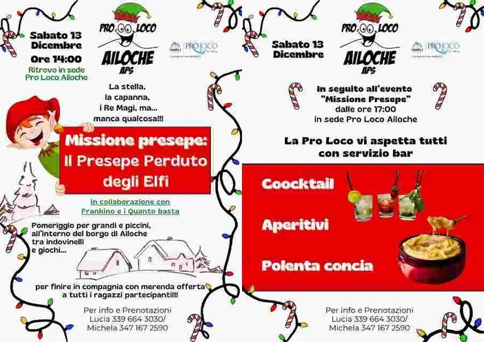 Ailoche si prepara a una magica “Missione Presepe”: il 13 dicembre un pomeriggio di giochi, misteri e gusto per tutta la famiglia Ailoche si prepara a una magica “Missione Presepe”: il 13 dicembre un pomeriggio di giochi, misteri e gusto per tutta la famiglia
