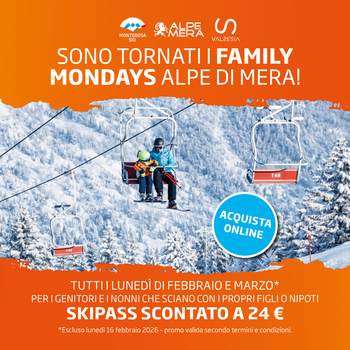 Family Mondays: all’Alpe di Mera lo sci in famiglia costa meno Family Mondays: all’Alpe di Mera lo sci in famiglia costa meno