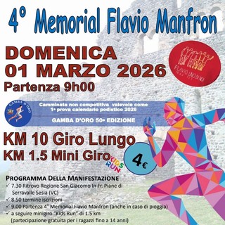 Serravalle Sesia corre nel ricordo di Flavio Manfron: il 1° marzo torna il Memorial Serravalle Sesia corre nel ricordo di Flavio Manfron: il 1° marzo torna il Memorial