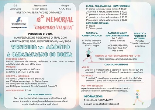 Breia, il 21 agosto torna il Memorial Giampiero Velatta