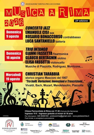 A Rima torna “Musica a Rima”: tre concerti tra jazz, tango e organo storico A Rima torna “Musica a Rima”: tre concerti tra jazz, tango e organo storico