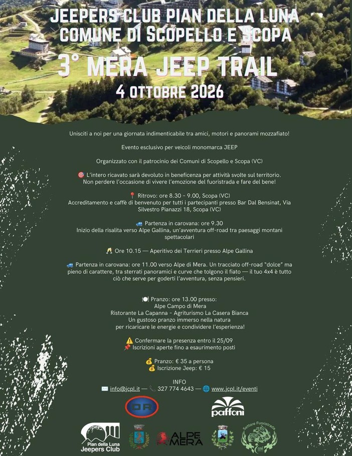 Mera Jeep Trail, il 4 ottobre una giornata off-road tra Scopa, Alpe Gallina e Mera