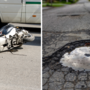 Valle Mosso, centra una grande buca e cade in moto