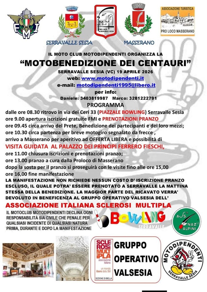 Serravalle Sesia, il 19 aprile torna la Motobenedizione dei Centauri tra motogiro, visita a Masserano e solidarietà