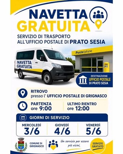 Grignasco, navetta gratuita per raggiungere l’ufficio postale di Prato Sesia