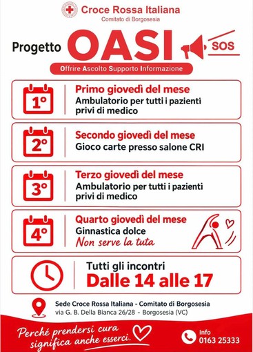 Borgosesia, nasce il progetto OASI della Croce Rossa: ogni giovedì ascolto, supporto e socialità Borgosesia, nasce il progetto OASI della Croce Rossa: ogni giovedì ascolto, supporto e socialità