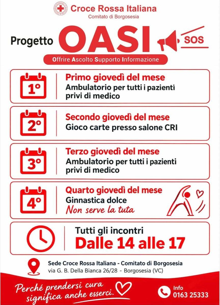 Borgosesia, nasce il progetto OASI della Croce Rossa: ogni giovedì ascolto, supporto e socialità Borgosesia, nasce il progetto OASI della Croce Rossa: ogni giovedì ascolto, supporto e socialità